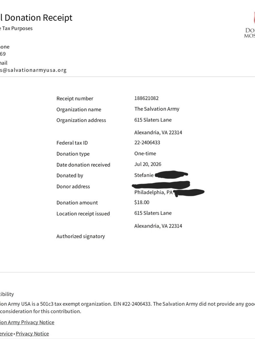 Salvation Army Donation Made!